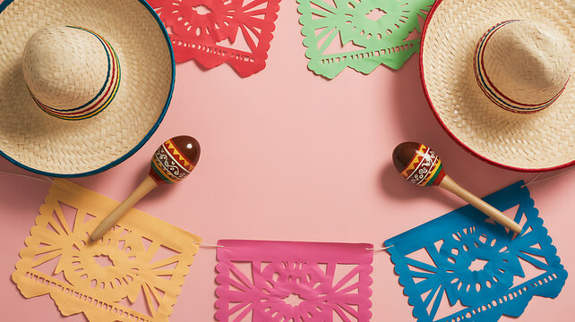 Colorful Mexican fiesta decorations including sombreros, maracas, and papel picado on a pink background