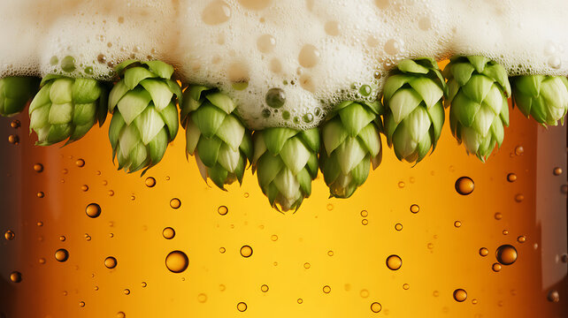 Fresh hop cones floating on the surface of a golden beer with foam and bubbles