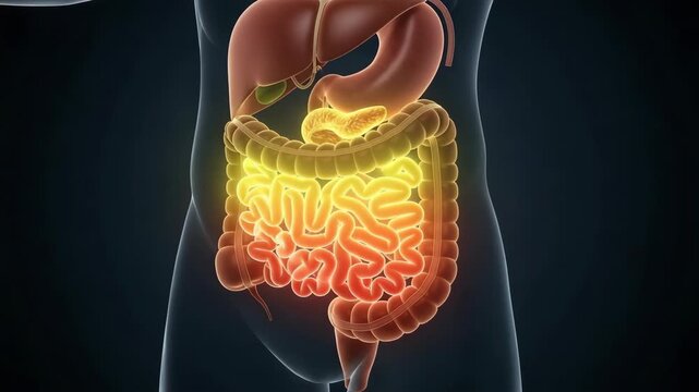 Digestive System Anatomy Glowing Inside Human Body Silhouette