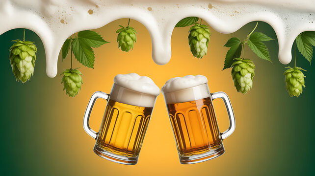 Two glasses of beer with foam and hops against a gradient background