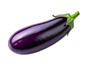 Single eggplant, deep purple hue, smooth skin,  stem with green leaves,  isolated against black background