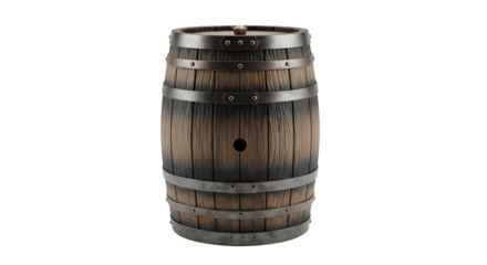 A rustic wooden barrel with metal hoops, perfect for storing wine, whiskey, or other spirits isolated on transparent background