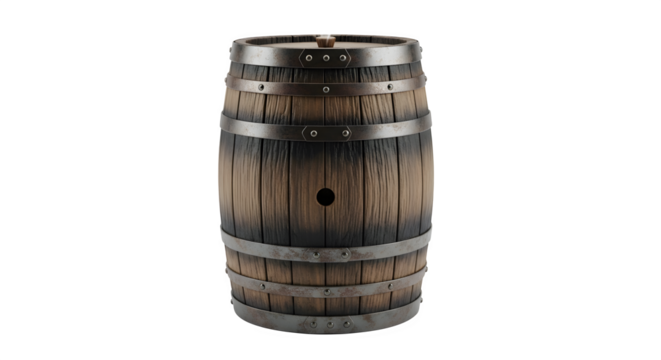 A rustic wooden barrel with metal hoops, perfect for storing wine, whiskey, or other spirits isolated on transparent background