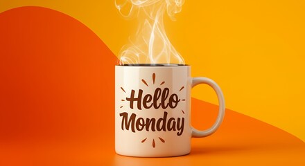 Morning coffee mug with hello monday message