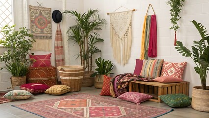 Indoor space with plants pillows and textiles creating a cozy vibe