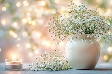 Delicate white flowers in a vase with a candle