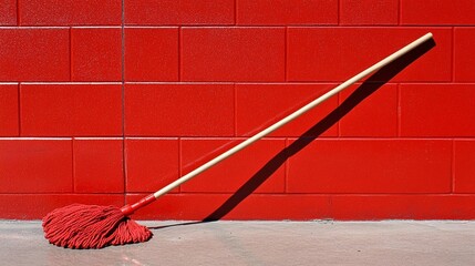 Red mop leaning against a red brick wall