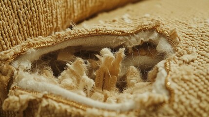 Ripped beige fabric chair, stuffing exposed