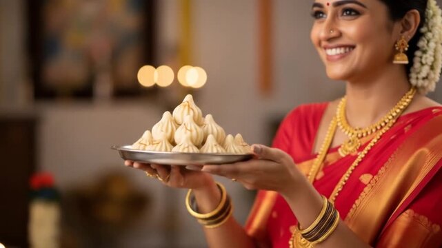 Radiant woman presents traditional modak sweets in festive red sari, showcasing cultural heritage