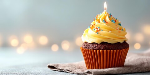 A delightful chocolate cupcake topped with yellow frosting and colorful sprinkles, perfect for celebrating any occasion.