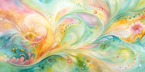 Abstract Watercolor Painting of Pastel Floral Swirls and Blossoms