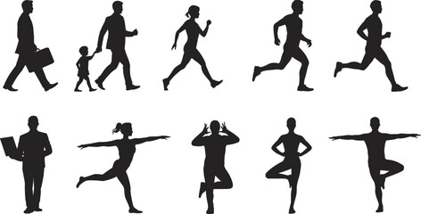 People silhouettes walking, running, exercising, doing yoga, fitness, meditation, stretching, business lifestyle, active life, workout poses, human movement