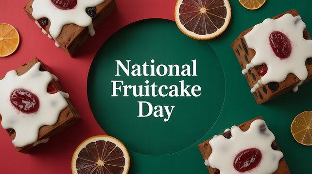 National Fruitcake Day celebration with decorated fruitcakes and dried citrus slices on a red and green background