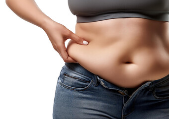Naklejka premium Cropped Unretouched Photo of Girl Belly with Fat Folds Isolated on Transparent or White Background