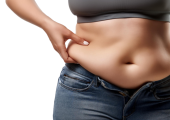 Cropped Unretouched Photo of Girl Belly with Fat Folds Isolated on Transparent or White Background