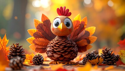 Cute pinecone turkey, autumnal scene
