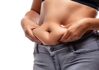 Cropped Unretouched Photo of Girl Belly with Fat Folds Isolated on Transparent or White Background
