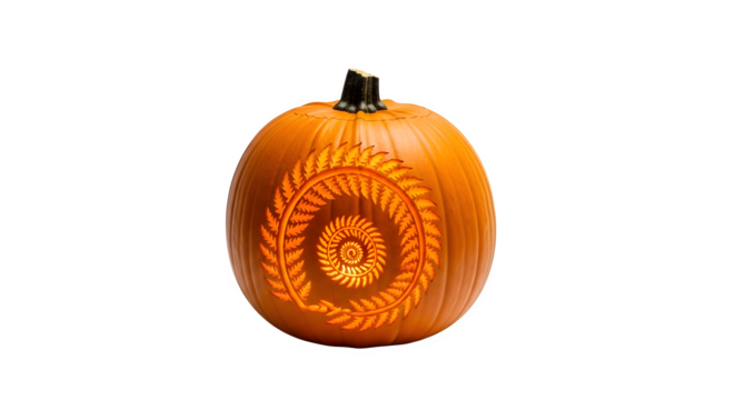Intricately carved pumpkin with a spiral design isolated on transparent background, a festive halloween decoration, perfect for autumn and spooky themes