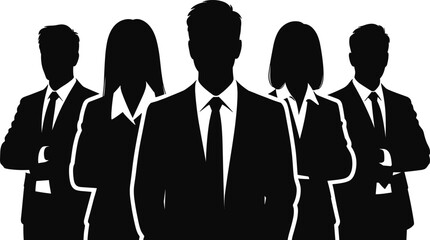 Silhouette of business team in formal suits, corporate group leadership, teamwork, partnership, professional workforce, company staff illustration