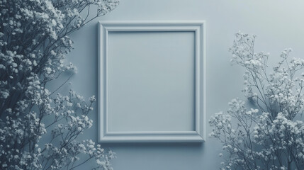 Empty ornate frame surrounded by delicate frosty branches and soft light