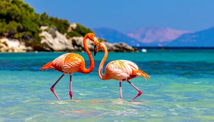 Two Flamingos Shallow Water Near