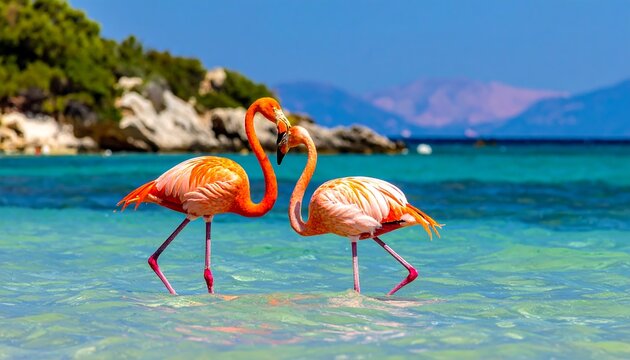 Two flamingos in shallow water near a beach - Powered by Adobe