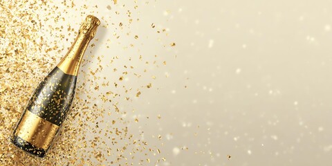 A festive champagne bottle amidst sparkling confetti, perfect for celebrating special occasions and creating memorable moments.