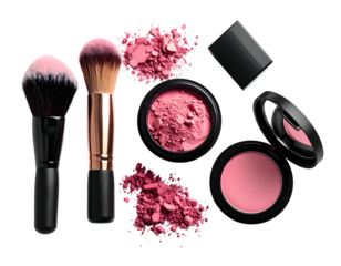 Pink blush and makeup brushes, scattered powder