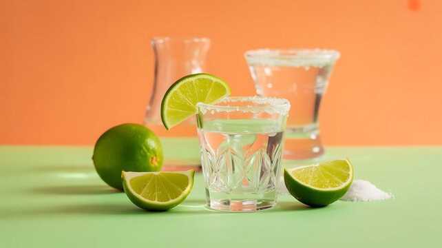 Clear glass shot glass with lime wedges and salt rim on green surface against orange background