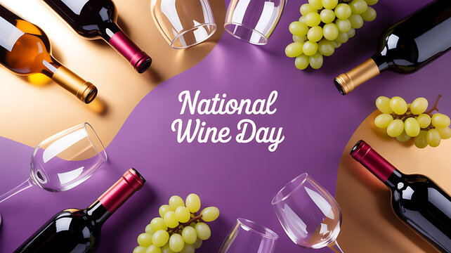 National Wine Day celebration with wine bottles, glasses, and grapes arranged on a colorful background