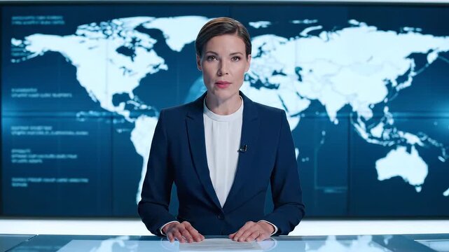 Professional news anchor reporting in a modern studio with global map backdrop, presenting breaking news and updates to viewers in a sleek and sophisticated environment