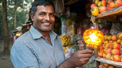 Smiling man in market, holding lit fruit-shaped lamp