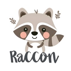 cute cartoon illustration of a smiling raccoon, simple flat vector style with bold outlines, soft gray