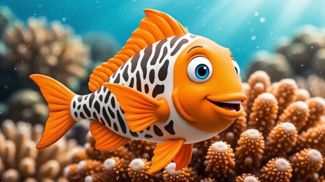 Colorful cartoon fish swimming near coral reef with sunny ocean background