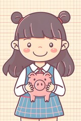 cute Thai cartoon girl student holding a piggy bank with happy smile