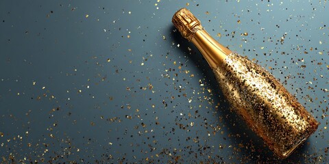 A golden champagne bottle surrounded by shimmering glitter on a blue background, perfect for celebration themes and events.