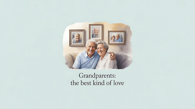 An elderly couple sitting together on a couch with framed family photos behind them, accompanied by the text 'Grandparents: the best kind of love'.