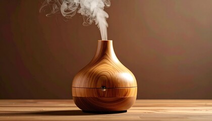 Wooden aroma diffuser emitting vapor against a blurred backdrop on a wooden surface, creating a calming and zen-like atmosphere