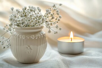 Delicate white flowers in vase with candle