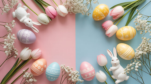 Easter-themed flat lay with decorated eggs, tulips, baby's breath, and ceramic bunnies on pink and blue backgrounds