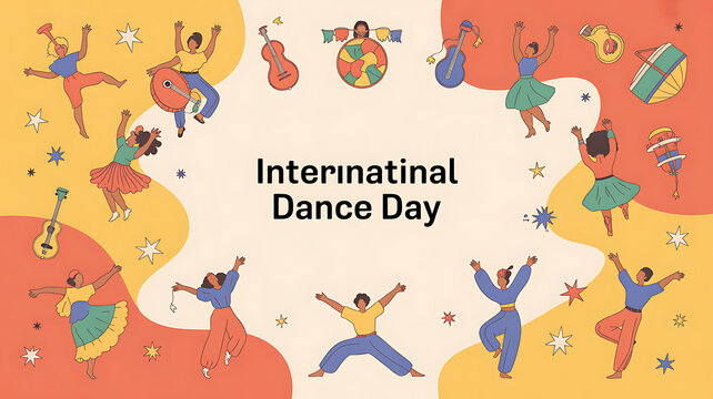 Illustration celebrating International Dance Day with diverse dancers and musical instruments