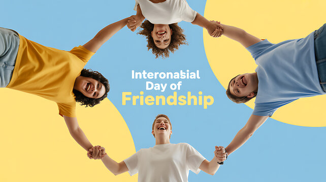 Four friends holding hands in a circle, celebrating International Day of Friendship against a vibrant blue and yellow background.