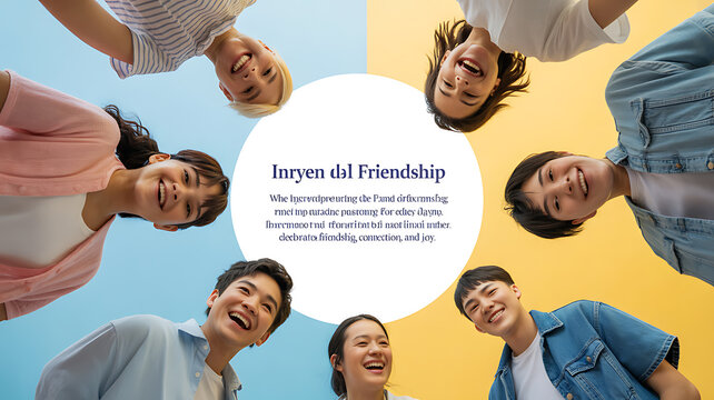 Group of smiling young people forming a circle, looking down at the camera with a central text overlay promoting friendship and connection.