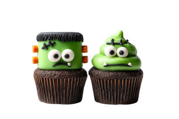 Green monster cupcake chocolate cupcake spooky dessert Halloween treat fondant decoration googly eyes buttercream frosting isolated transparency background party food cute design with playful charm