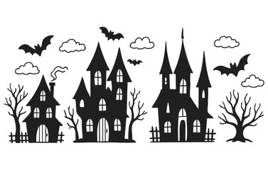 Haunted House and Halloween Doodle Collection with Castle, Bats and Trees Isolated on Transparent Background, Generative AI