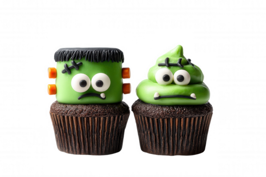 Green monster cupcake chocolate cupcake spooky dessert Halloween treat fondant decoration googly eyes buttercream frosting isolated transparency background party food cute design with playful charm - Powered by Adobe