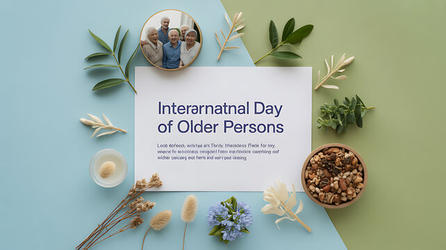 International Day of Older Persons celebration with family photo, natural elements, and wellness-themed text on a colorful background