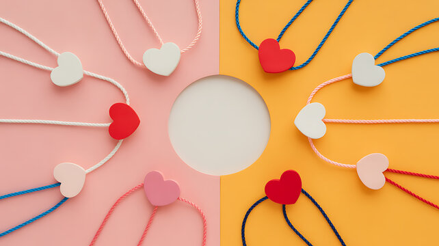 Colorful heart-shaped pendants on strings arranged in a circular pattern on pink and orange background