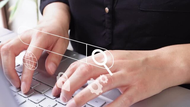 Close-up of a businesswoman's hands working on her laptop with a web search animation and the icons of a globe, lock, and gears.