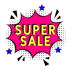 Comic book explosion with text Super sale, vector illustration. Vector bright cartoon illustration in retro pop art style. Super sale in pop art style. Creative poster, web banner